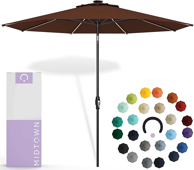 Midtown Umbrellas Led Swilt Sunbrella Umbrella, 8 Foot Patio Umbrella With Sunbrella Bay Brown Acrylic Fabric - Deck Patio Umbrella, Backyard Umbrella, Garden Umbrella & Pool Umbrella - Black Pole