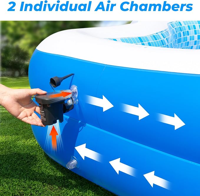 Inflatable Swimming Pool with Seat Pump, 121" X 90" X 22" Blow-Up Pool for Kids Adults Oversized Thickened Kiddie Pool Family Full Sized Inflatable Pools for Garden, Backyard, Outdoor Water Party
