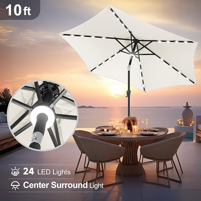 FLAME&SHADE 10ft Solar Outdoor Umbrella - 24 LED Lighted Patio Umbrella with Centre Surround Light, Table Umbrellas with Tilt & Crank for Pool, Porch, Garden, Deck, Backyard UV Protection (Ivory)