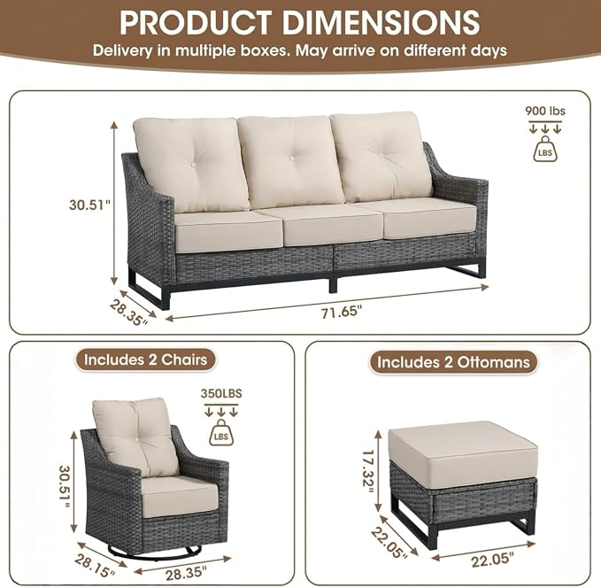 6-Piece Outdoor Patio Furniture Set, Grey Wicker Conversation Set with 2 Sofas, 2 Swivel Chairs and 2 Ottomans, 6-Inch Beige Cushions for Deck, Backyard, Poolside