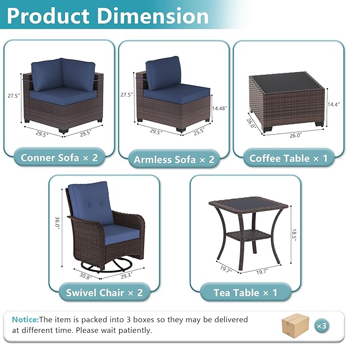 ALAULM 8 Pieces Patio Furniture Set with 2 Swivel Chairs Wicker Patio Conversation Set, Outdoor Sectional Furniture w/Coffee Table & Washable Seat Cushions-Dark Blue