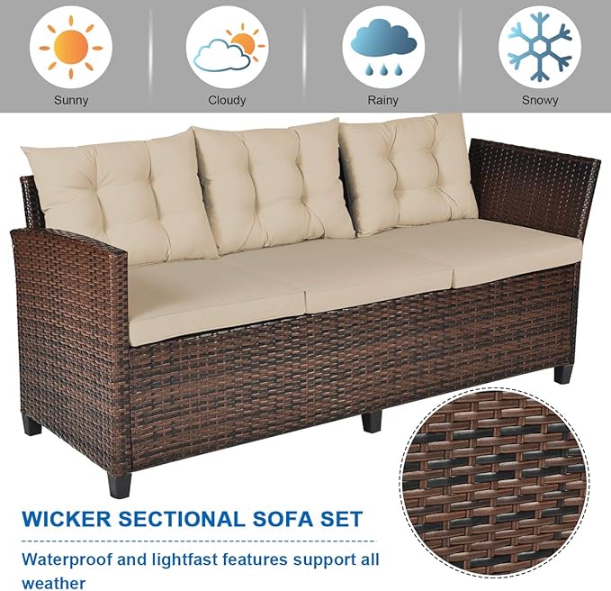 Tangkula Patio Furniture Set, 3 Pieces Outdoor Conversation Set with 6 Cushioned Seat & Coffee Table, Rattan Couch Set for Balcony, Garden, Lawn, Poolside and Backyard (Brown)