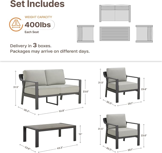 KISLOT Aluminum Outdoor Patio Furniture Set with Coffee Table,4 Seater Patio Conversation Sets with Washable Thick Cushions,Outdoor Sectional Furniture Set for Poolside, Balcony,Gray Aluminum Frame