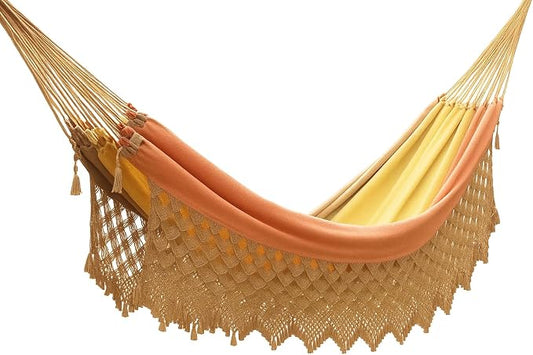 Handmade Brazilian Macrame Hammock – Red, Yellow & Caramel Striped Cotton Hammocks – Indoor Boho Swing Bed – Decorative Hammock for Bedroom, Porch or Balcony