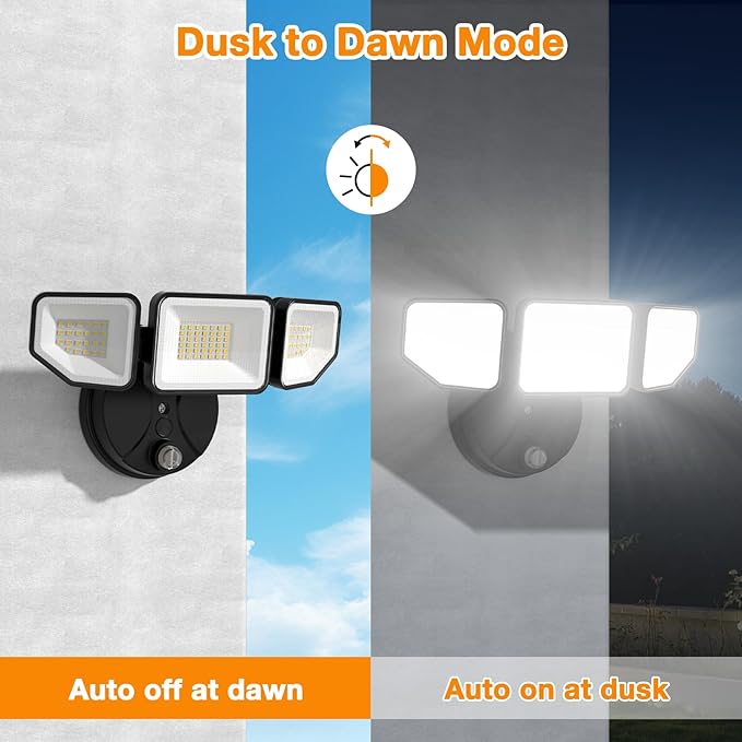 65W Dusk to Dawn Flood Lights Outdoor, 6500LM LED Outdoor Light, IP65 Waterproof, 6500K Daylight, 3 Adjustable Heads LED Security Light with Photocell for Yard Garage Porch Black