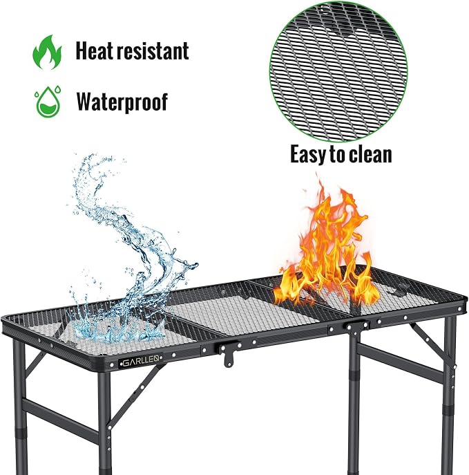 GARLLEN 3 Adjustable Height Folding Grill Table and Camping Table,Lightweight Folded Picnic Table for Camping, BBQ, Outdoor