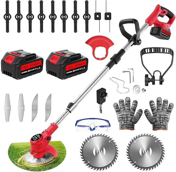 Cordless Garden Strimmers,Electric Cordless 48v Grass Strimmer with 2 X 2000mAh Battery, Adjustable Metal Blades,Garden Trimmer Telescopic Lightweight with Roller, 850W, for Gardens,Park Lawns