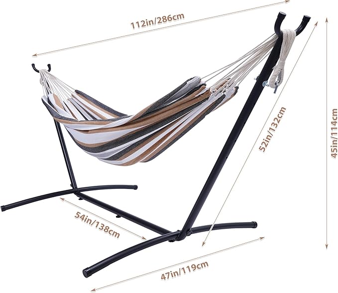 Double Classic Hammock with Stand for 2 Person- Indoor or Outdoor Use-with Carrying Pouch-Powder-Coated Steel Frame - Durable 450 Pound Capacity,Brown/Gray Striped