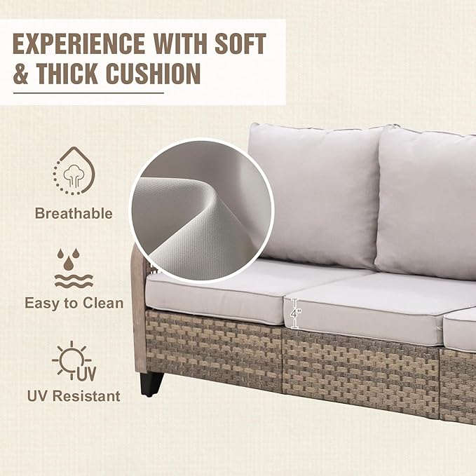 Modern Wicker Patio Furniture Set, Rattan Outdoor Conversation Set with Comfortable Cushions, 2 Patio Chairs, 3 Seat Couch and 2 Ottomans, 5 Pieces, Brown/Gray