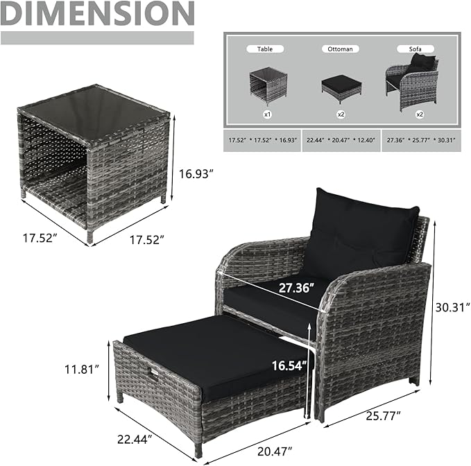 5 Pieces Wicker Outdoor Patio Chairs with Ottoman, PE Wicker Rattan Patio Conversation Furniture Set with Underneath Footrest, Wicker Outdoor Patio Chairs and Ottoman Set with Table, Black