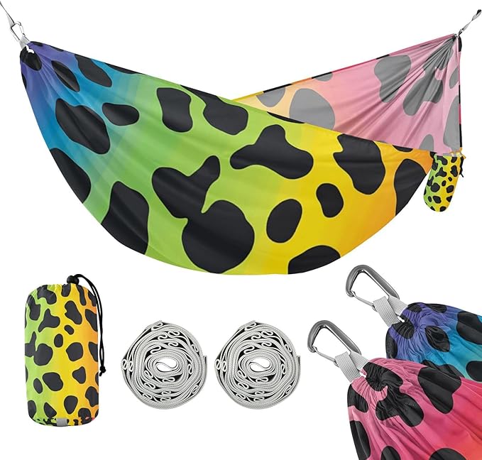 Chic Rainbow Leopard Print 330lb Capacity Outdoor Hammock with Tree Straps Rope Hammock for Outside Beach Patio Garden hamacas para adultos con soporte