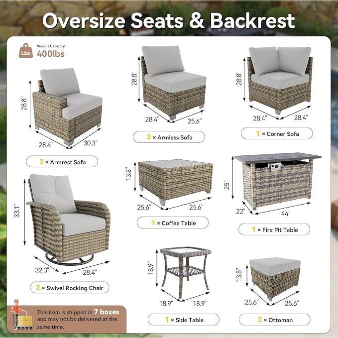 LazySunsets Luxury Patio Furniture Set with Fire Pit Table, All-Weather Patio Sectional Sofas with Thickened Cushions, 13 Piece Outdoor Furniture Set with Swivel Rocker Chairs & Ottomans, Grey