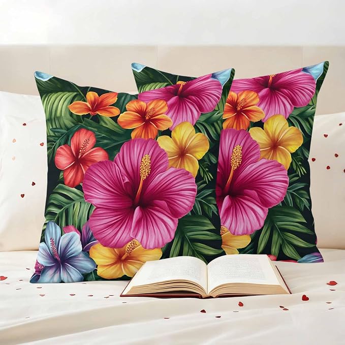 Hibiscus Flower Pink Floral Waterproof Pillow Covers Set of 2,Country Watercolor Green Leaves Outdoor Pillow Protectors with Zipper Pillowcases for Patio Tent Garden Beach 26x26 Inches