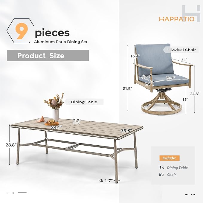 HAPPATIO Patio Dining Set for 8, Aluminum Dining Set, Swivel Rockers, Brown