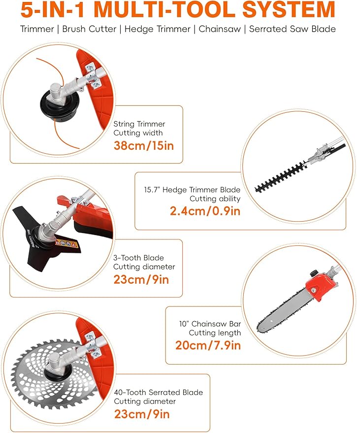 5 in 1 Strong Powerful Full Functioning Gas Weed Eater,Weed Wacker, Hedge Trimmer, 52cc Petrol Trimmer Chainsaw Brush Cutter for Yard Garden