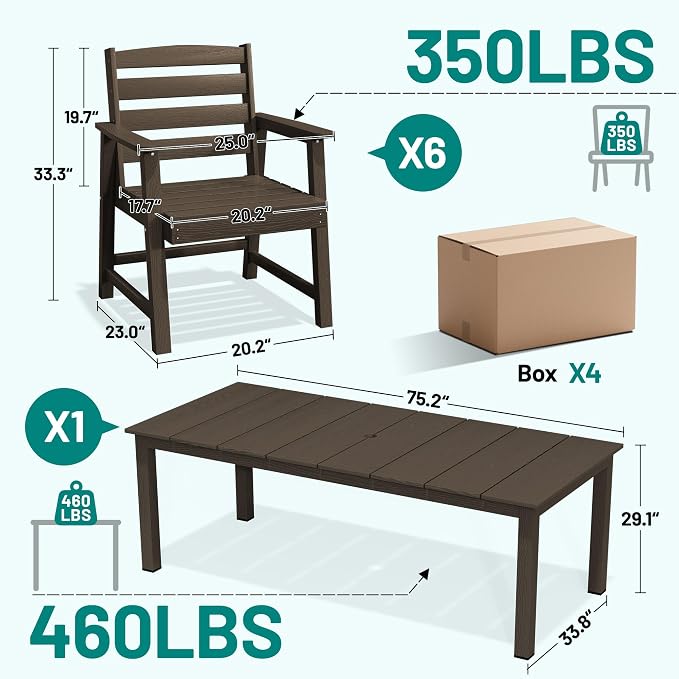 PLUUV 7-Piece Outdoor Patio Dining Set, All-Weather HDPE Dining Furniture Set with Umbrella Hole Cut-Out Table, Aluminum Table Legs, and 6 Chairs, Waterproof & Easy Clean for Backyard, Garden, Coffee