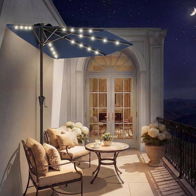 HOMSHADE 9FT Half Patio Umbrella with Solar LED Lights for Outdoor, Waterproof Half Umbrella for Small Spaces, Balcony, Deck(Navy Blue)