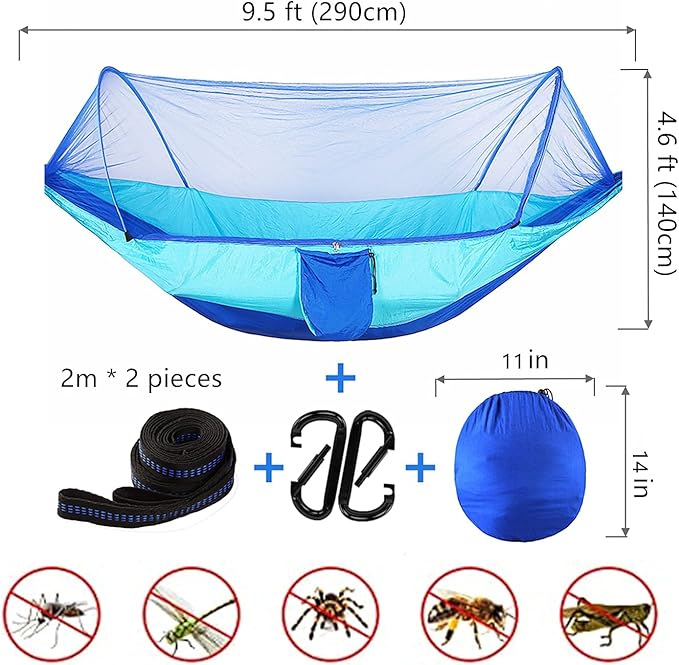 LFL Camping Hammock with Mosquito Net, with Tree Straps Carabiners, 1 & 2 Persons Outdoor Portable Tree Straps Swing Hammock, Nylon Parachute Outside Material Hammocks with Net, Blue