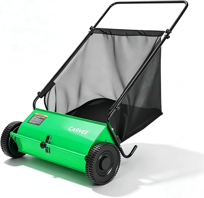 Garvee 26 Inch Push Lawn Sweeper, Walk Behind Leaf Grass Collector with 7 Cu ft Hopper Bag, Carbon Steel Frame, Yard Sweeper with Adjustable Brush Height for Garden Patio Driveway Leaves Cleanup
