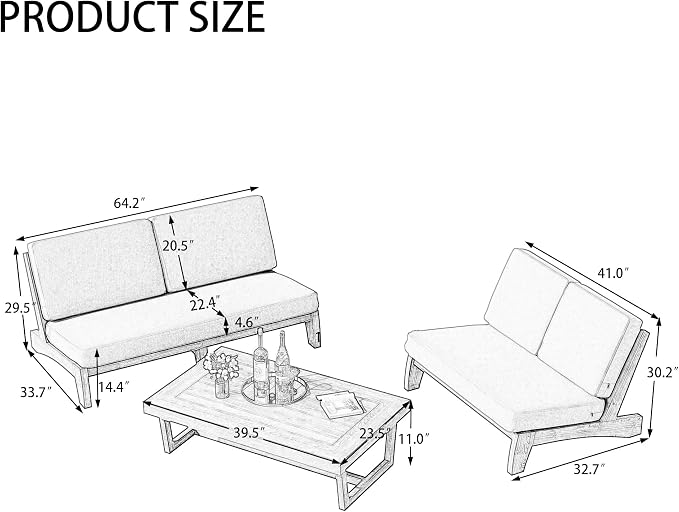 3 Piece Wood Outdoor Patio Frutnire Set, 5 Seater Patio Conversation Sets with Thick Cushions, Outdoor Sectional Furniture with Coffee Table - Dark Gray
