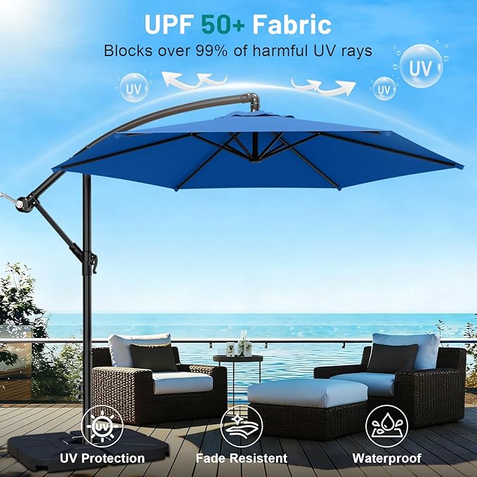 AreShark 10FT Patio Outdoor Umbrella, Offset Patio Umbrella Cantilever Umbrella, 6 Sturdy Ribs, Easy Adjustment for Garden Market Pool with Cross Base (Royal Blue)