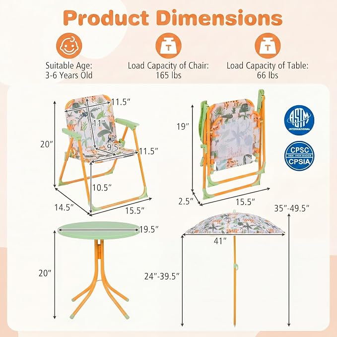 KOTEK Kids Picnic Table with Umbrella, Outdoor Table & 2 Folding Chairs, Cute Pattern Children’s Patio Furniture, Portable Kids Table and Chair Set for Backyard, Garden, Beach (Yellow Tiger)