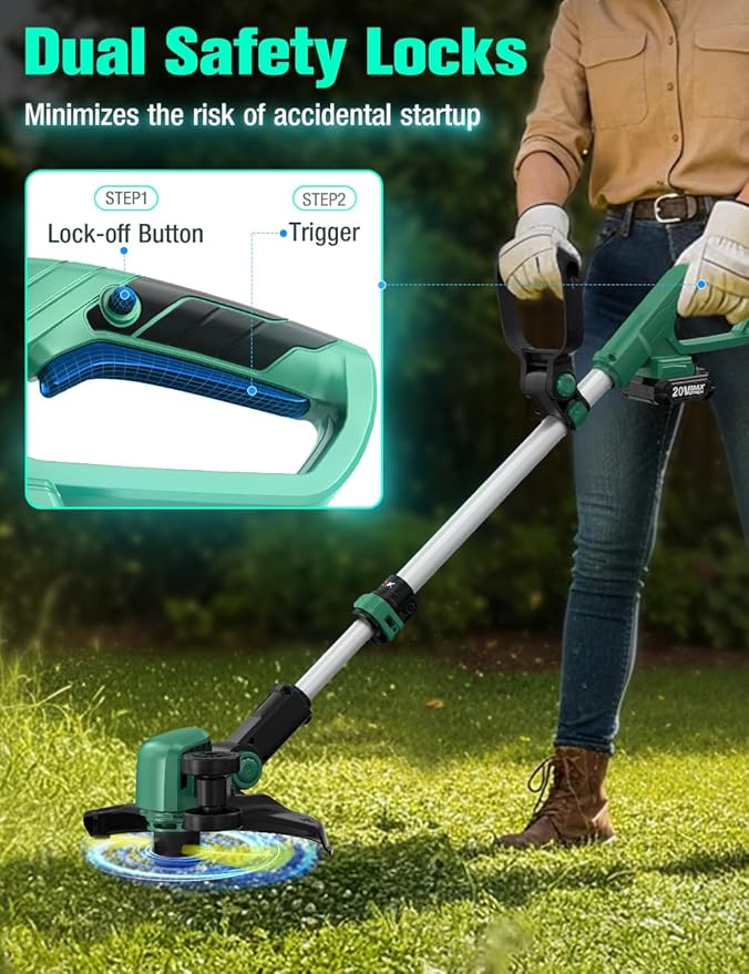 KIMO Cordless Weed Wacker Battery Operated w/ 2 x 2.0Ah Batteries, 12" Weed Eater w/10Pcs Dual-Sided Cutting Lines & Rapid Reload, 2-in-1 String Trimmer & Edger with Wheels, 20V Grass Trimmer for Lawn
