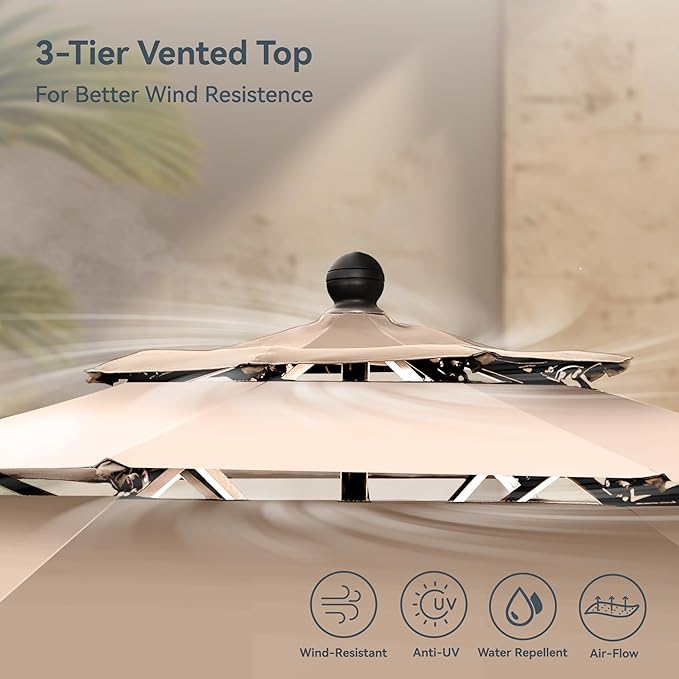 PHI VILLA 10ft Outdoor Patio Umbrella for Outside, 3 Tier Vented Round Market Table Umbrella Windproof for Backyard, Deck, Garden, Beige & Tan(No Base)