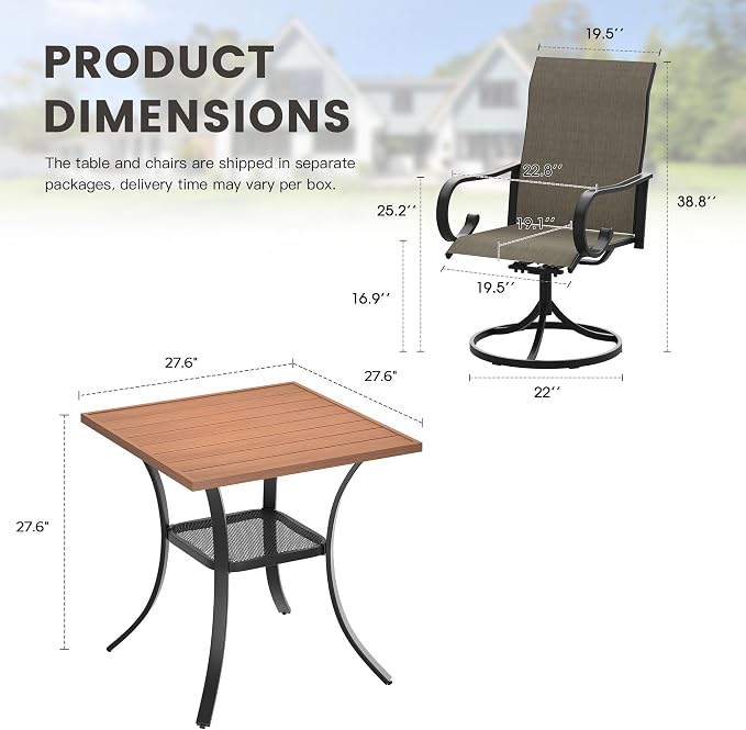 3 Pieces Patio Dining Set, 2 Outdoor Swivel Dining Chairs with 28" Square Outdoor Dining Table, All Weather Textilene Patio Chairs and Metal Table for Garden Backyard, Mixed Brown & Walnut