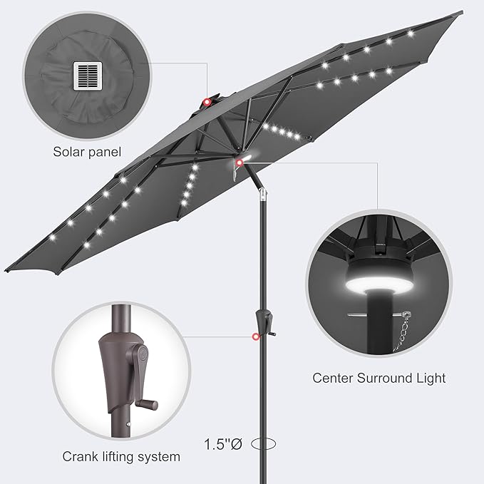 11ft Solar Umbrella Outdoor - Lighted Solar Patio Umbrella with 40 LED Lights Waterproof UV Protection, Table Umbrella with Tilt for Pool, Porch, Garden, Deck, Backyard - Anthracite