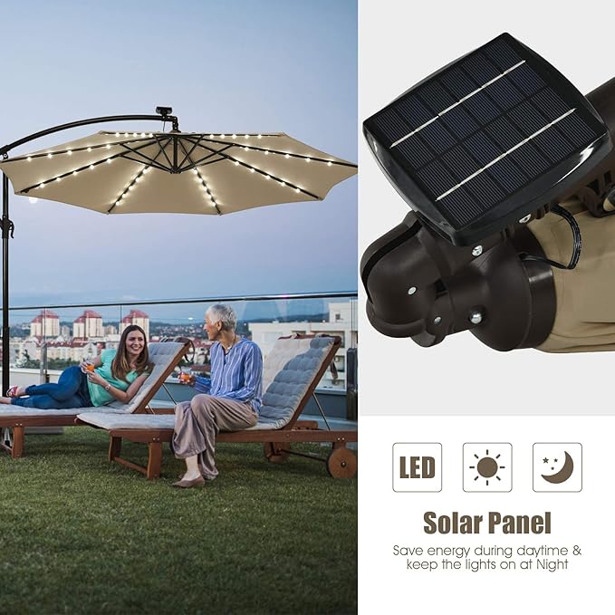 Tangkula 10 Ft Patio Offset Umbrella, 40 LED Lighted Market Umbrella W/8 Sturdy Ribs, Easy Tilt Adjustment & Crank, Polyester Shade, Ideal for Backyard, Garden, Seaside, Store, Pool (Tan)