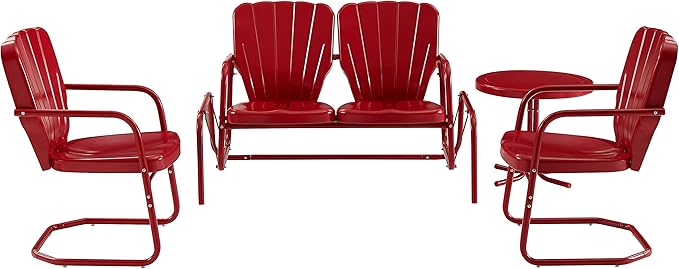 Crosley Furniture Ridgeland 4-Piece Retro Metal Outdoor Loveseat Glider Patio Furniture Set for Porch, Deck, Bright Red Gloss
