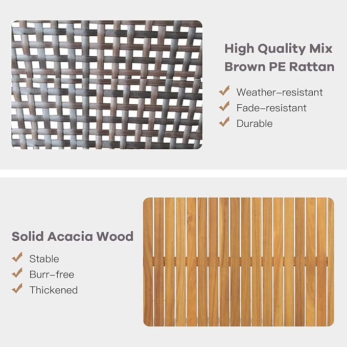 8 Pieces Outdoor Acacia Wood Furniture Set, Outdoor PE Wicker Conversation Set with Coffee Table and Soft Cushions, Outdoor Sofa Set for Garden, Poolside and Backyard (2, Grey)
