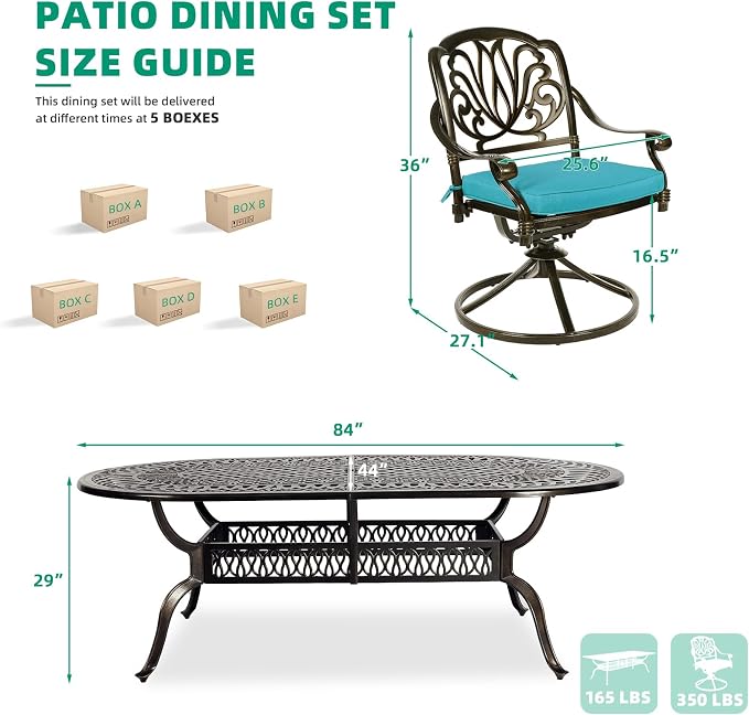 VIVIJASON 9-Piece Patio Furniture Dining Set, All-Weather Cast Aluminum Outdoor Conversation Set, Include 8 Swivel Dining Chairs and an Oval Table with Umbrella Hole, Ocean Blue Cushion