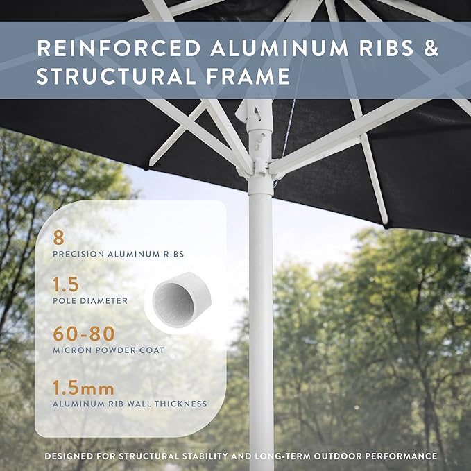 California Umbrella 8-Year Protection 7.5 Ft Outdoor Patio Umbrella, Solstice Fade-Resistant Fabric, Auto-Tilt, Heavy Duty Aluminum Frame, 8 Reinforced Ribs for Pool or Deck, White Pole, Black