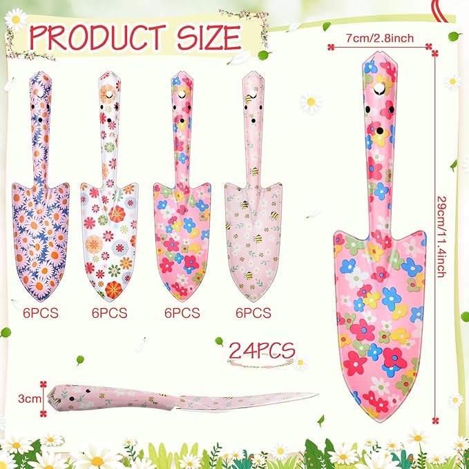 24 Pcs Floral Garden Shovels Bulk Gardening Gift for Women Heavy Duty Garden Tools Floral Hand Shovel for Mom Employees Birthday Thank You Gifts (Pink Daisy)
