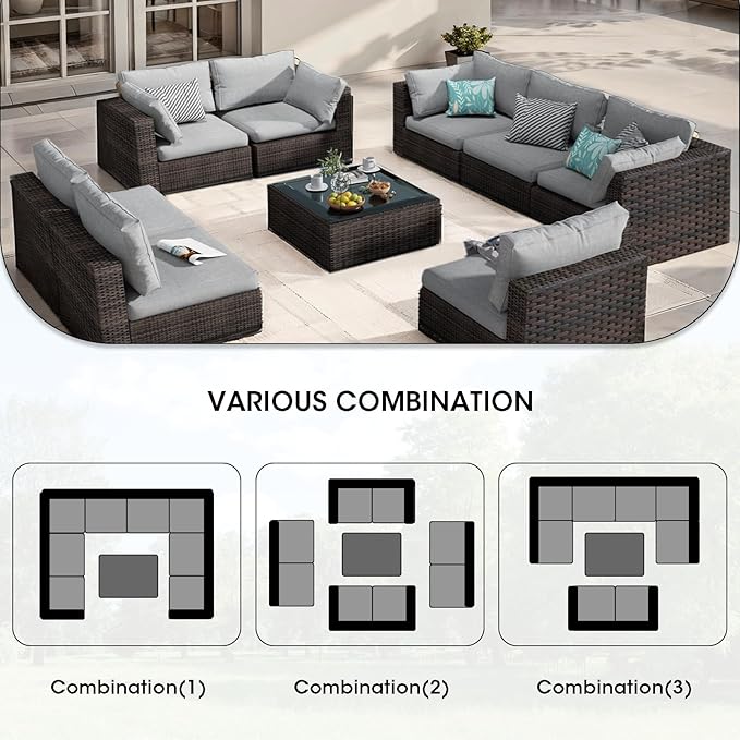 9 Piece Patio Furniture Set All Weather PE Rattan Outdoor Sectional Sofa Couch with No-Slip Cushions and Glass Top Table for Garden, Poolside, Backyard (Gray)