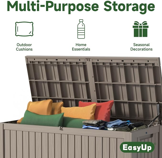 EasyUp 181 Gallon Outdoor Storage Box Waterproof, UV Resistant Resin Deck Box with Hydraulic Rod, Reinforced Stability for Patio, Garden, and Pool, Striped Gray