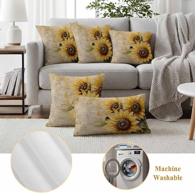 Retro Sunflower Outdoor Waterproof Throw Pillow Covers Set of 2, 24"x24", Pastoral Floral Painting Newspaper Background Decorative Pillow Covers Outside Cushion Case for Patio Porch Garden