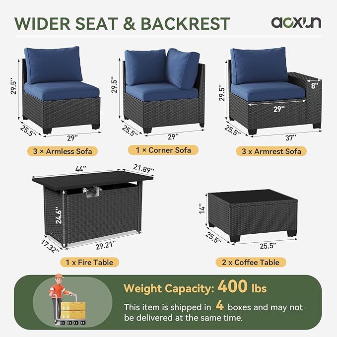 Aoxun Patio Furniture Sets with 44'' Fire Pit, 10 Pcs Outdoor Patio Coversation Sets with 4'' Thicken Cushion, Widen Armrests Wicker Outdoor Sectional for Backyard (Waterproof Cover Include)