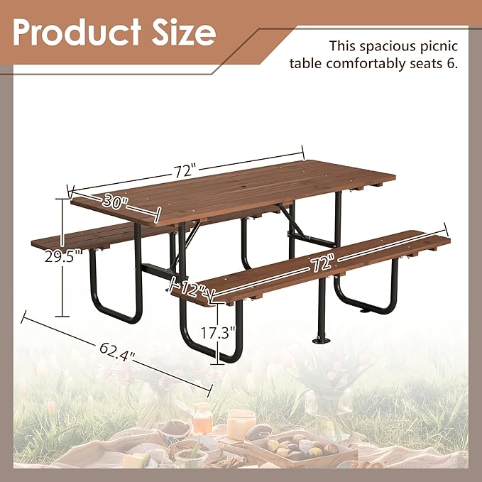 72" Rectangular Outdoor Picnic Table - 6 Person Brown Wooden Dining Set with Built-in Benches, Ideal for Garden BBQ & Courtyards