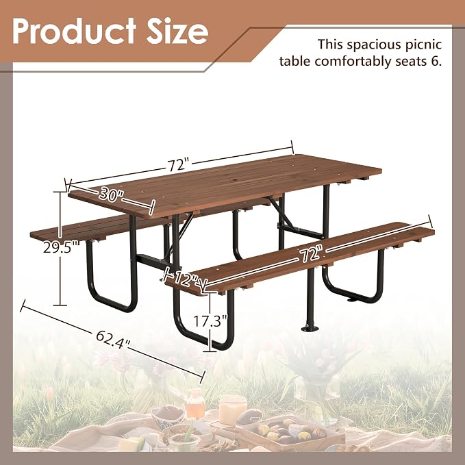 72" 6-Person Wooden Picnic Table, Outdoor Dining Table with Built-in Benches, Metal Leg, Weatherproof Wood Desktop, Heavy Duty with Umbrella Hole for Backyard (Brown+black, 72" Rectangle（6-Person）)