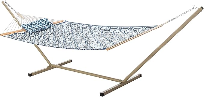 Castaway Living Large 2-Person Quilted Hammock with Stand & Pillow – Navy, 10 ft. L x 52 in. W, 350 lb Capacity, Weather-Resistant Polyester, Portable Space-Saving Frame