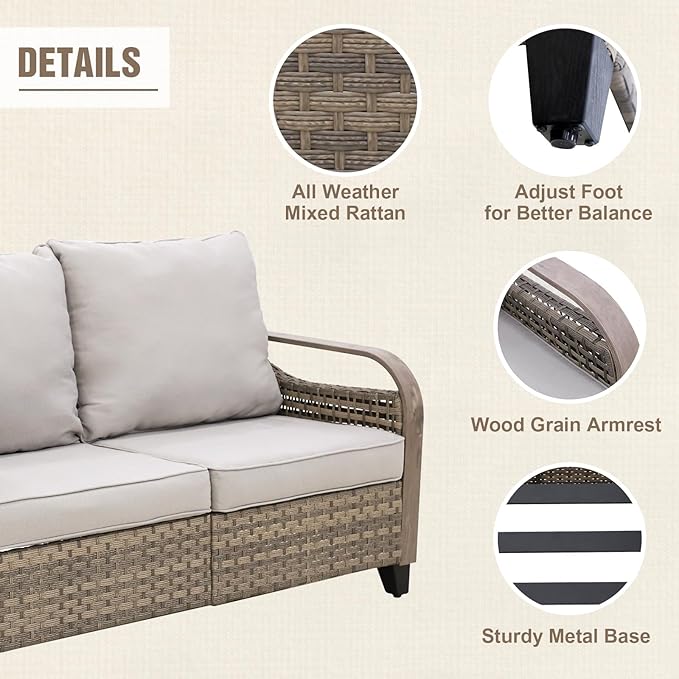 Modern Wicker Patio Furniture Set, Rattan Outdoor Conversation Set with Comfortable Cushions, 2 Swivel Rocking Chairs, 2 Seat Loveseat and 2 Ottomans, 5 Pieces, Brown/Gray