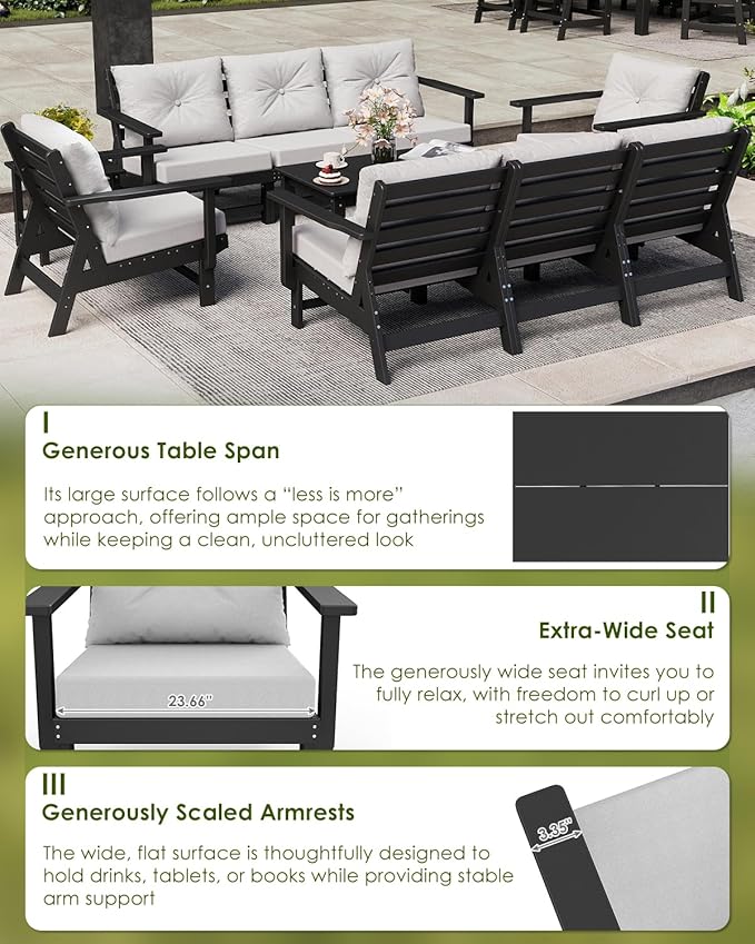 GREENVINES 10-Piece-Patio-Furniture-Set | HDPE Plastic | Outdoor Sectional Conversation Sets | All-Weather Couch | Sofa with Coffee Table & Side Table | Detachable Armrests | for Deck Lawn | Black