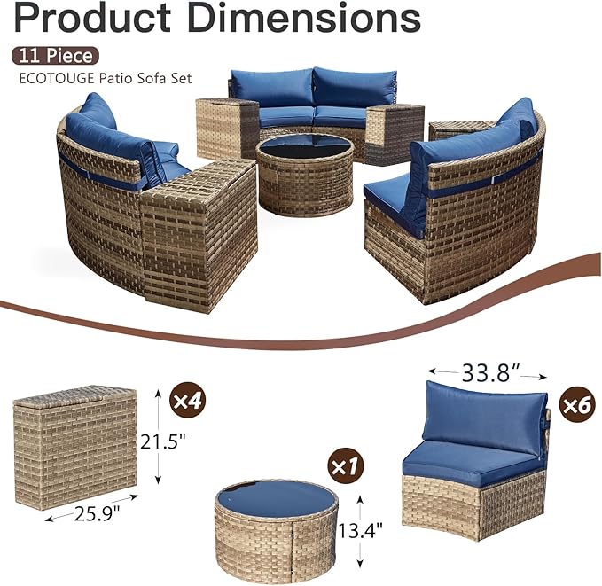 ECOTOUGE Outdoor Patio Furniture, 11-Piece Half-Moon Sectional Patio Furniture Set Curved Sofa with Tempered Glass Round Coffee Table, Fit for Pool Backyard Balcony Porch Lawn(Blue)