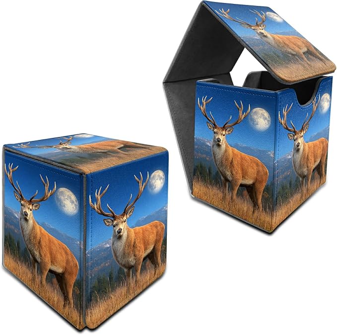 Grassland Deer Card Deck Box for MTG, Personalized Card Storage Case Fits 120+ Sleeved Cards, Premium Leather TCG Box with Strong Magnetic Closure for Magic, CCG, PTCG, Baseball Cards