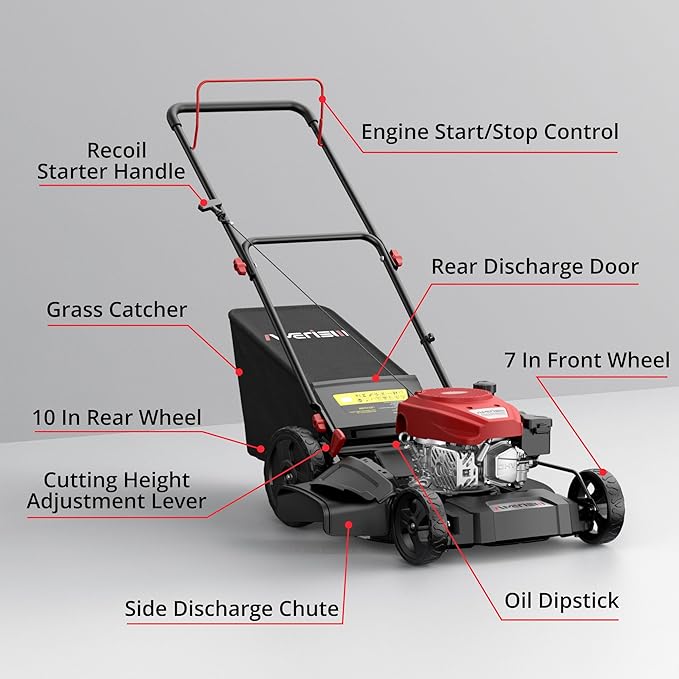 AMERISUN 21" Gas Lawn Mower, 3-in-1 Gas Push Mowers, 144cc 4-Stroke OHV Engine, 6 Height Adjustments 1.4 Bushel Grass Catcher, Lawnmower with Bagging, Mulching & Side Discharge, Efficient Steel Deck
