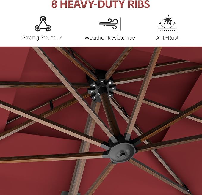 GENTEACO 10x13FT Rectangle Cantilever Patio Umbrella w/Base Included, Deluxe Wood Pattern Pole & 7 Angle Tilts, 360° Rotation, Offset Hanging Market Umbrellas for Garden Pool Patio, Red