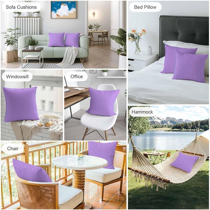 Throw Pillow Covers 26x26 Inch Set of 2, Purple Striped Waterproof Outdoor Cushion Covers, Geometric Pink Vertical Solid Rainbow Decorative Pillowcases for Couch, Sofa, Bed, Garden, Patio